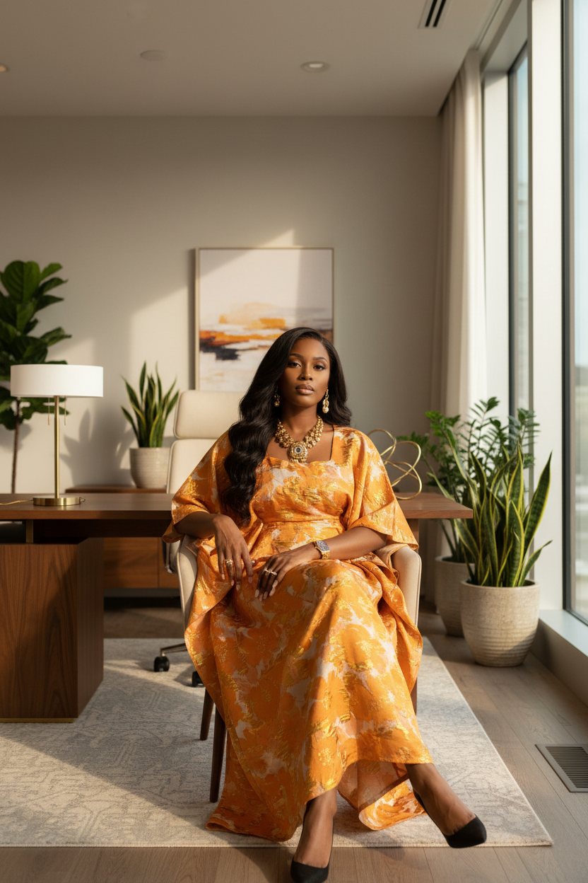 Burnt Orange Metallic Brocade A-Line Dress