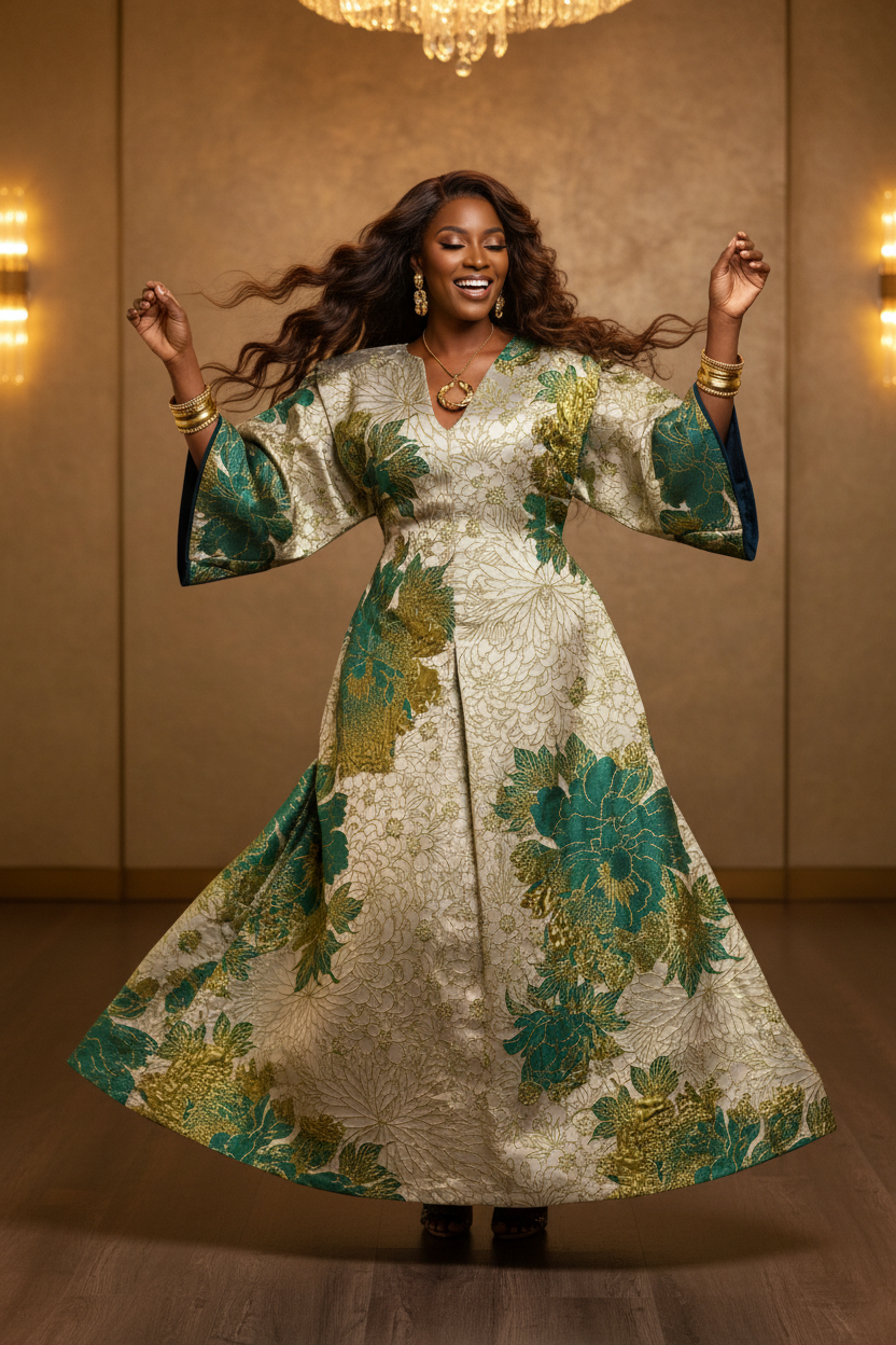 Emerald & Gold Floral Brocade Bubu – Luxe Statement