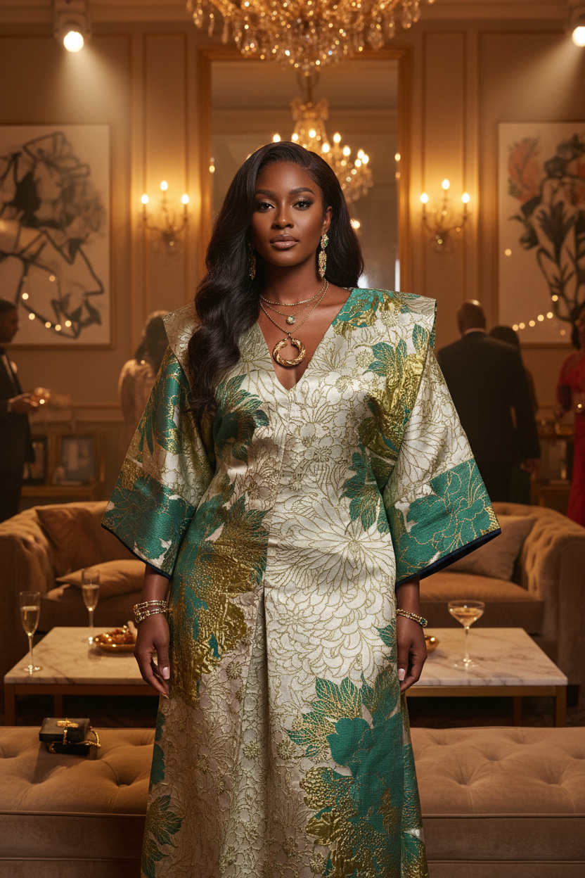 Emerald & Gold Floral Brocade Bubu – Luxe Statement