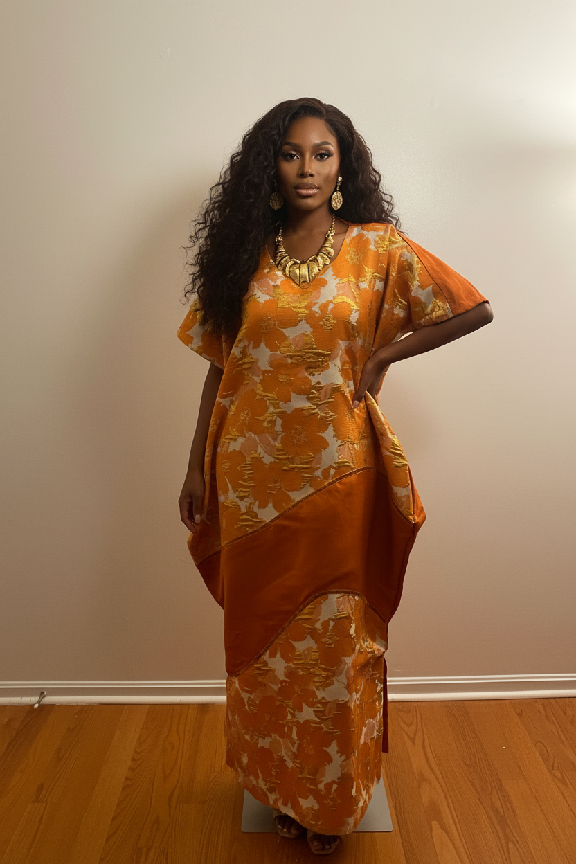 Luxury Burnt Orange Brocade Bubu with Sculpted Overlay Detail