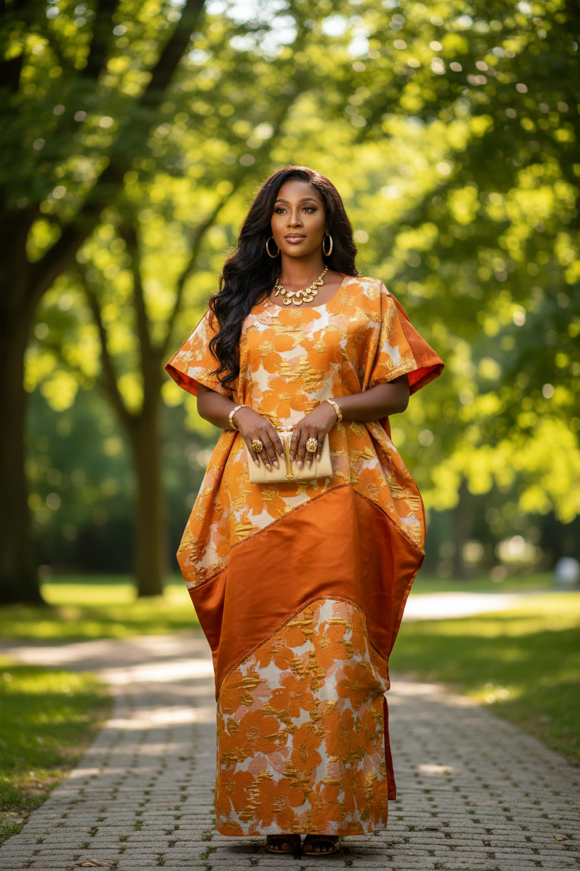 Luxury Burnt Orange Brocade Bubu with Sculpted Overlay Detail