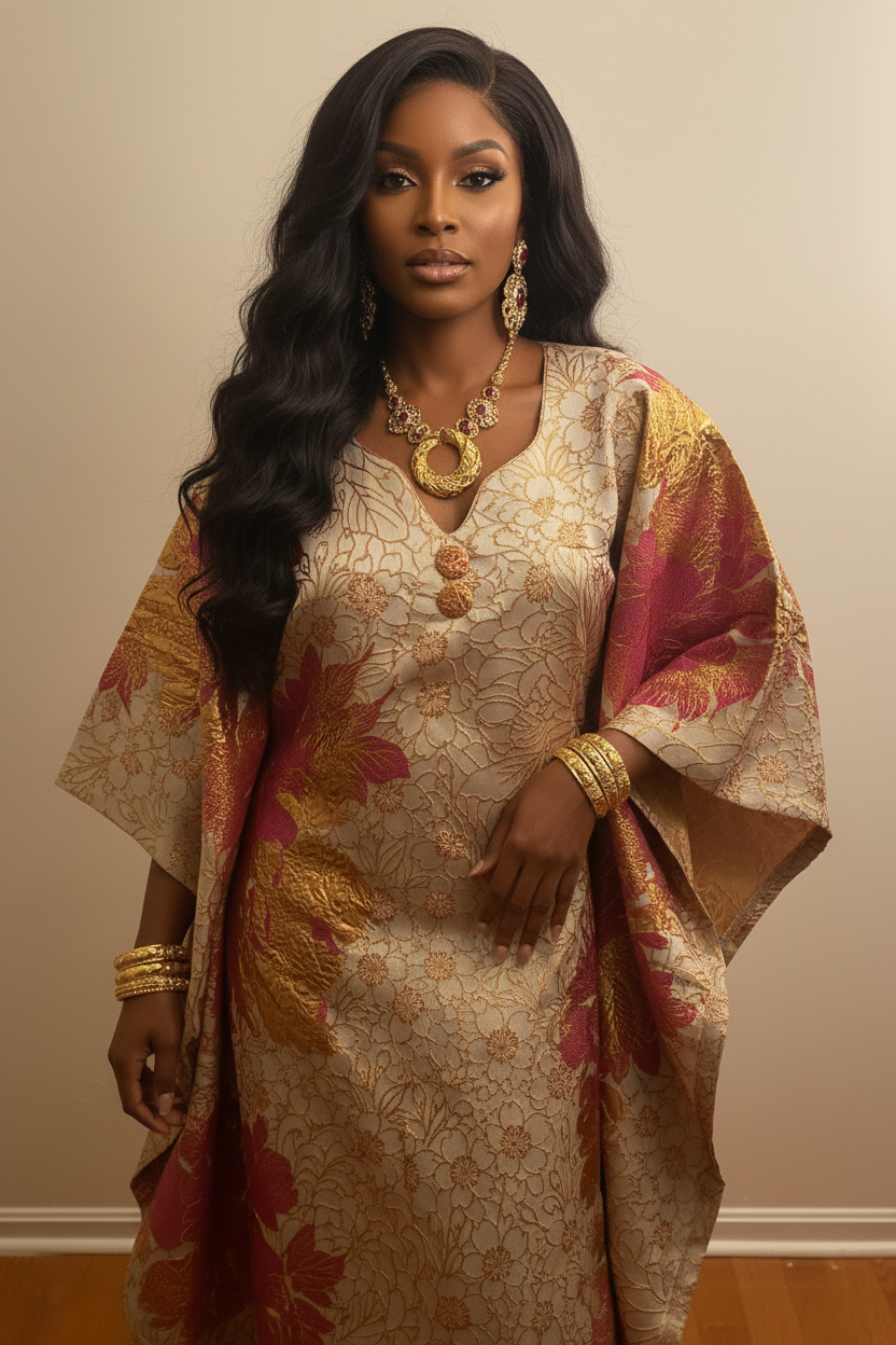 Luxury Gold & Wine Floral Brocade Bubu – Elegant Statement