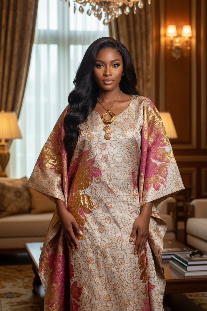 Luxury Gold & Wine Floral Brocade Bubu – Elegant Statement