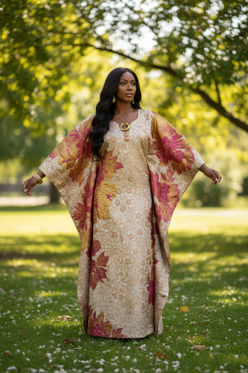 Luxury Gold & Wine Floral Brocade Bubu – Elegant Statement