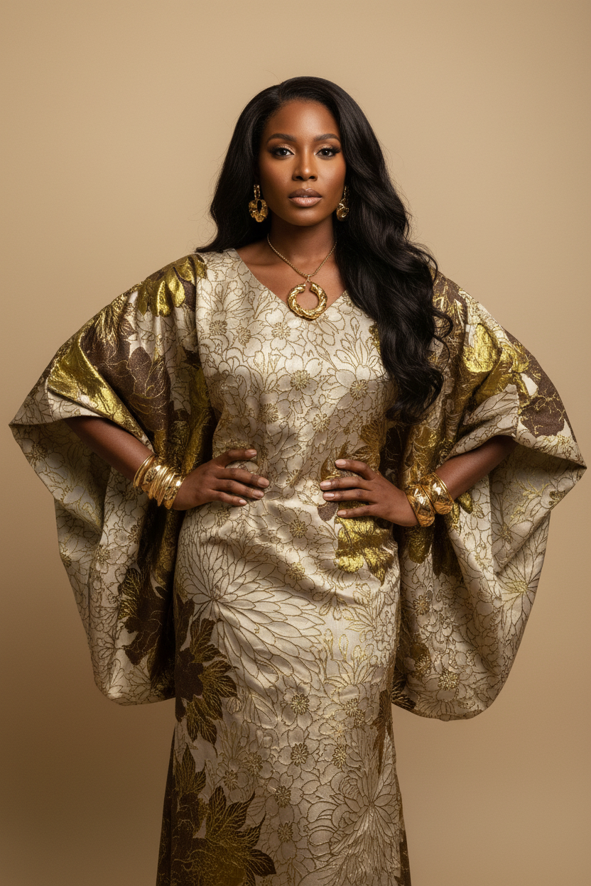 Luxury Gold Floral Brocade Bubu – Elegant Statement Maxi Dress