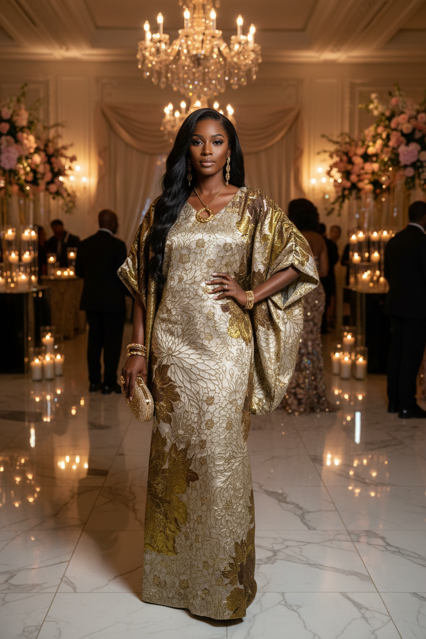 Luxury Gold Floral Brocade Bubu – Elegant Statement Maxi Dress