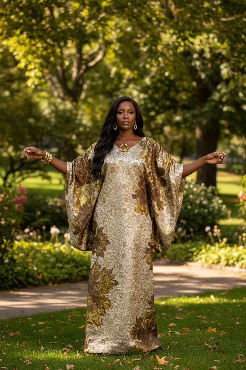 Luxury Gold Floral Brocade Bubu – Elegant Statement Maxi Dress