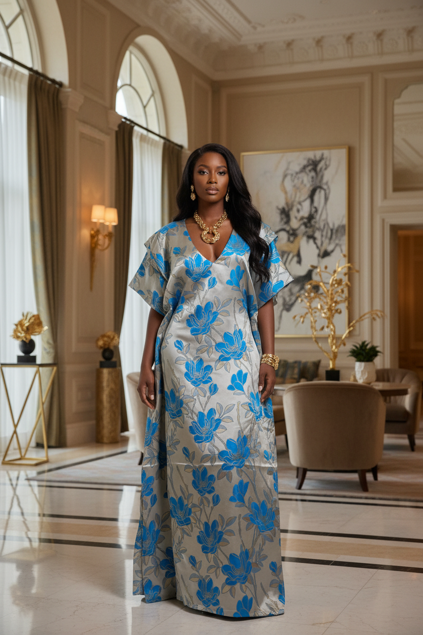 Blue Blossom Brocade Bubu Dress with Statement Sleeves