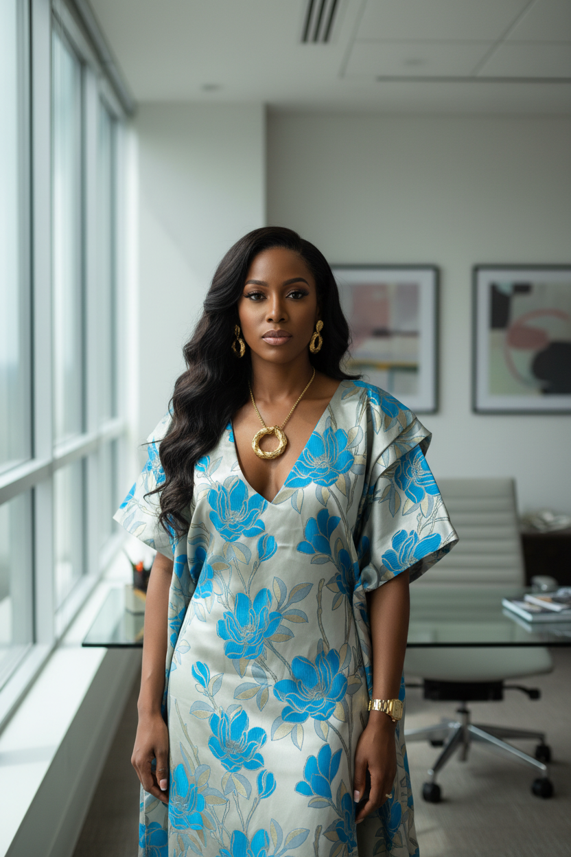 Blue Blossom Brocade Bubu Dress with Statement Sleeves