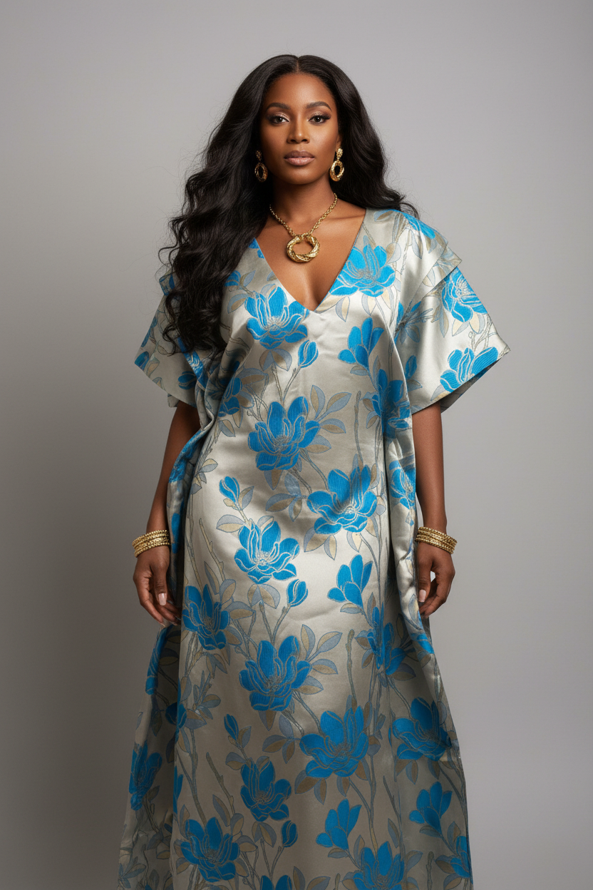 Blue Blossom Brocade Bubu Dress with Statement Sleeves