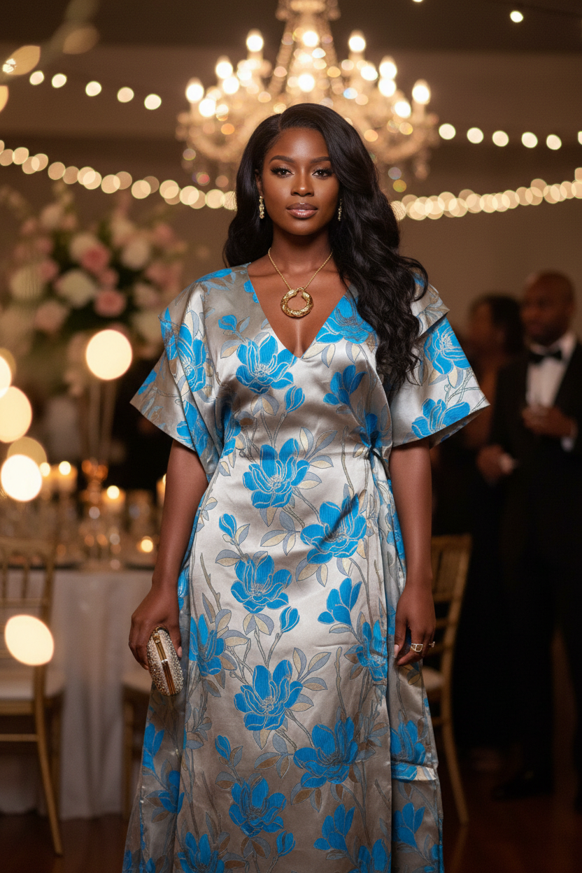 Blue Blossom Brocade Bubu Dress with Statement Sleeves