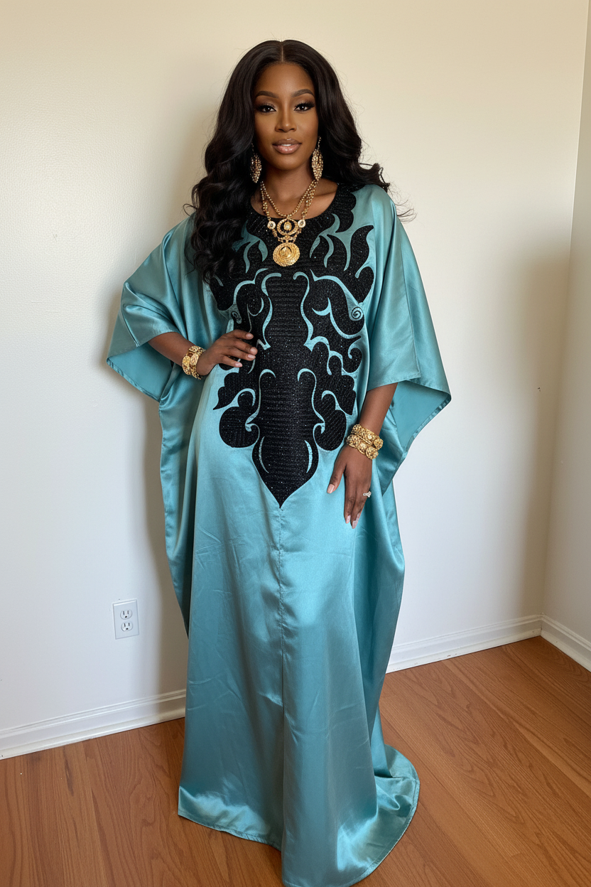 Elegant Teal Mikado Bubu Dress with Black Sequin Floral Embroidery