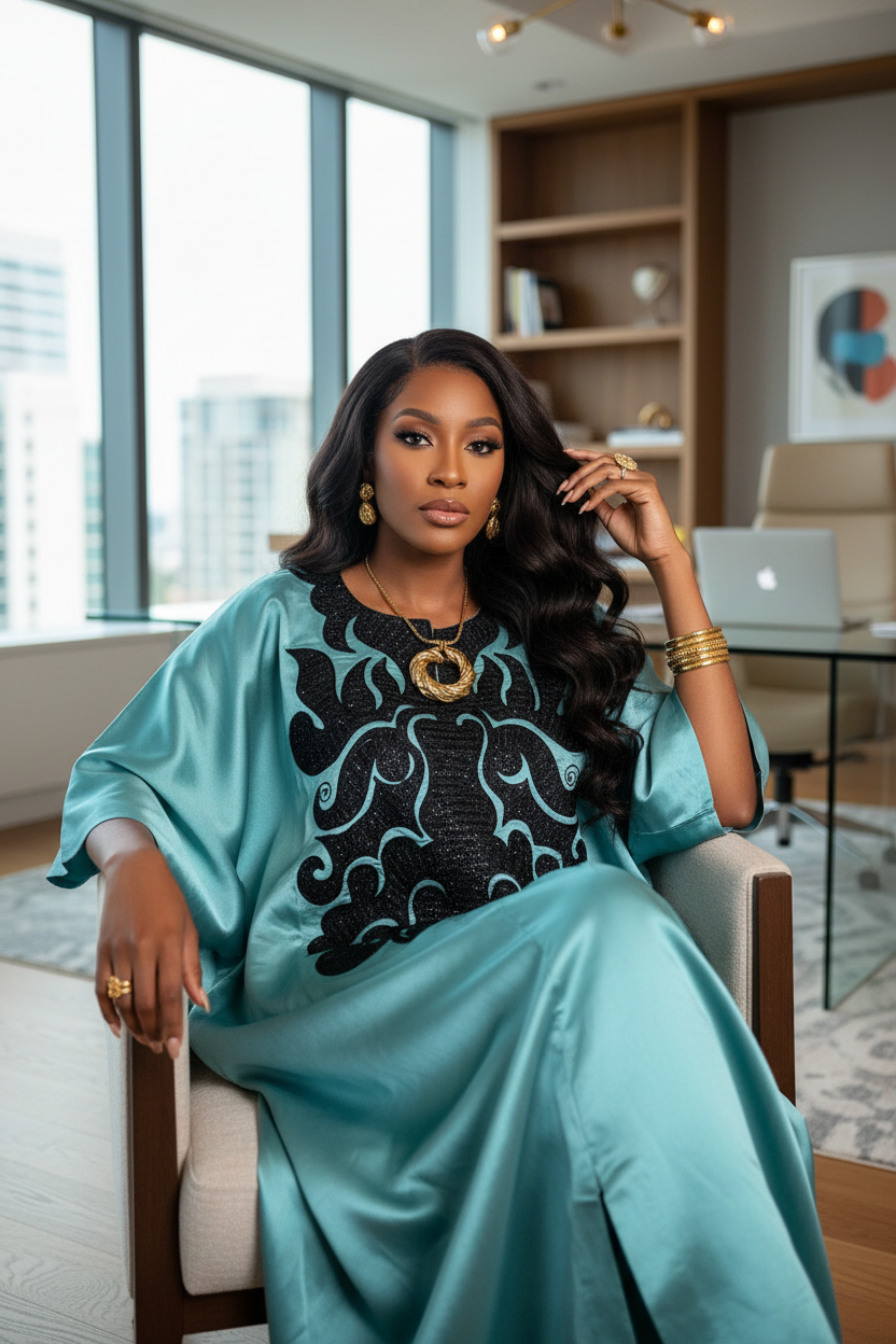 Elegant Teal Mikado Bubu Dress with Black Sequin Floral Embroidery