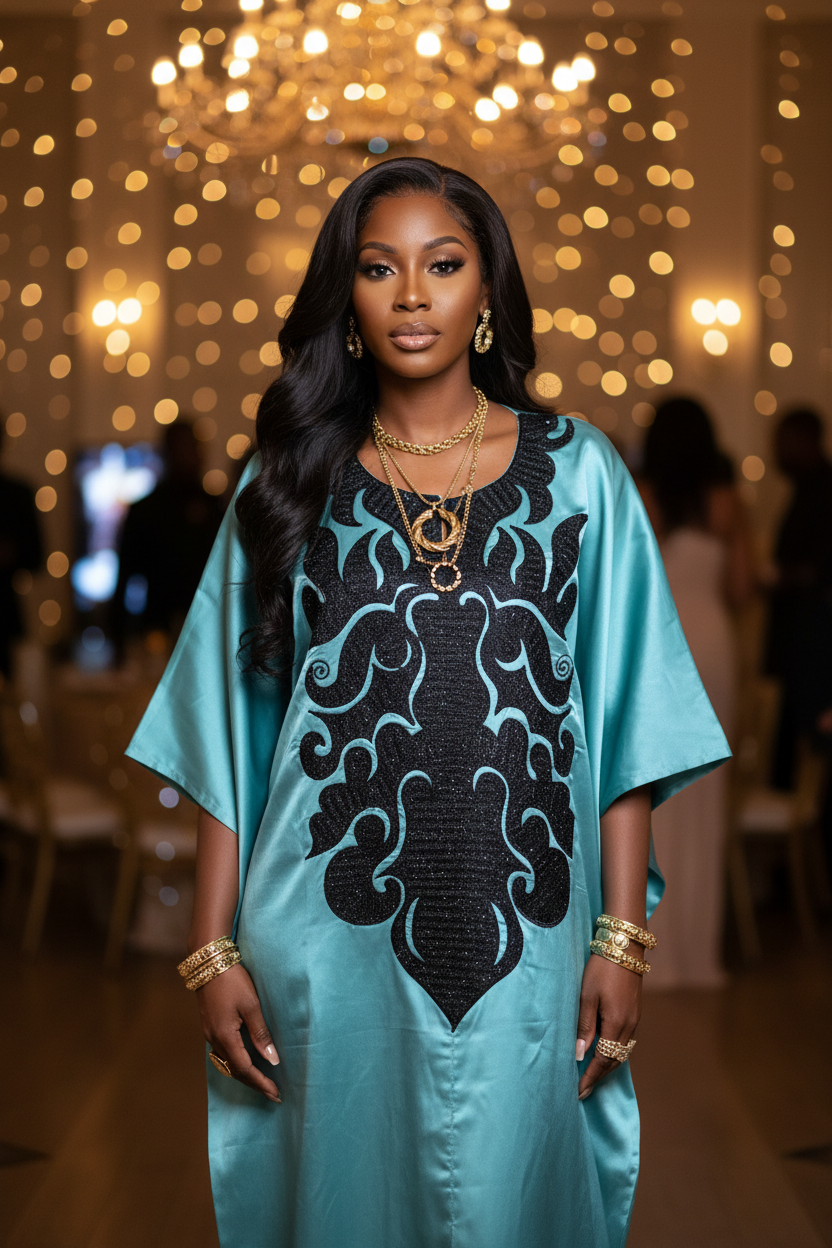 Elegant Teal Mikado Bubu Dress with Black Sequin Floral Embroidery