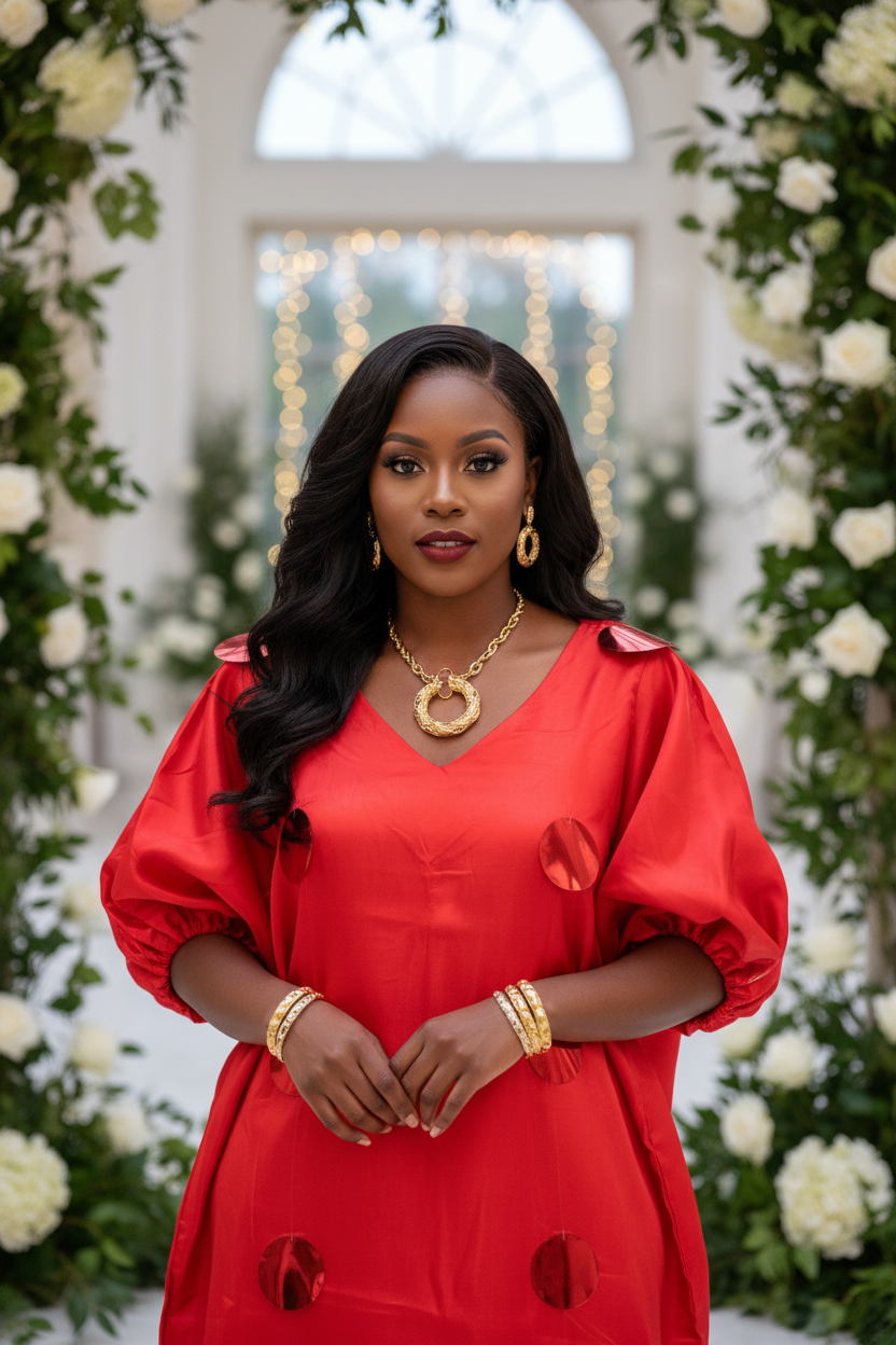 Pretty Luxe Mikado Bubu Dress with Puff Sleeves & Polka Dot Detail