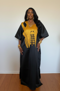 Luxury Black & Gold Mikado Bubu Dress – Elegant African Kaftan with Structured Gold Panel Detail
