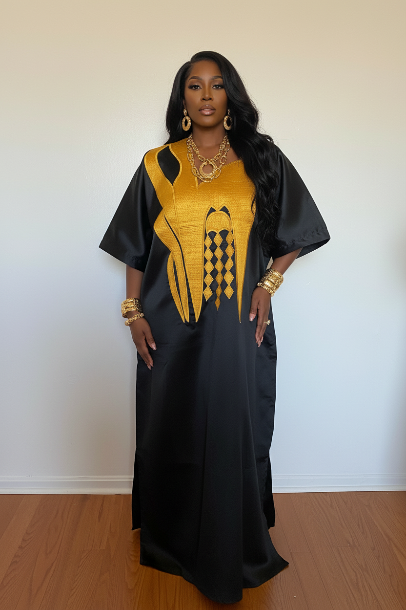 Luxury Black & Gold Mikado Bubu Dress – Elegant African Kaftan with Structured Gold Panel Detail