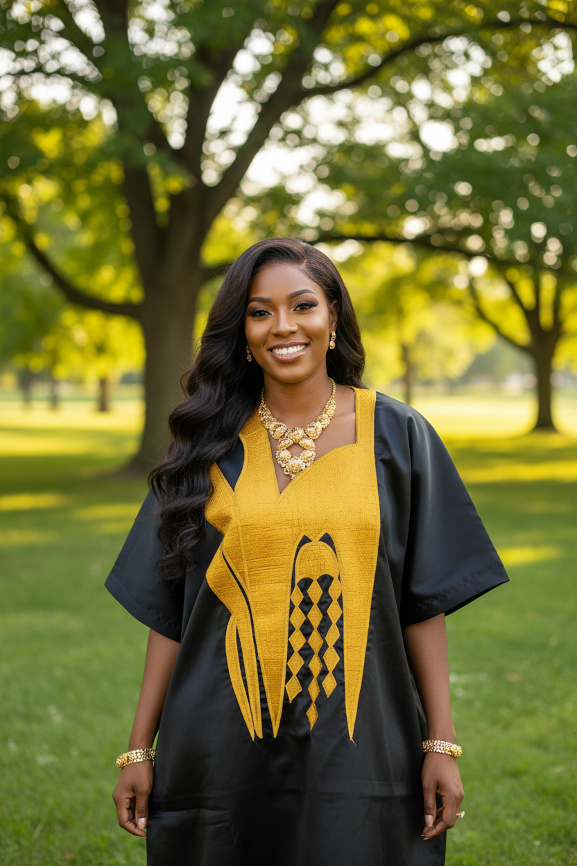 Luxury Black & Gold Mikado Bubu Dress – Elegant African Kaftan with Structured Gold Panel Detail