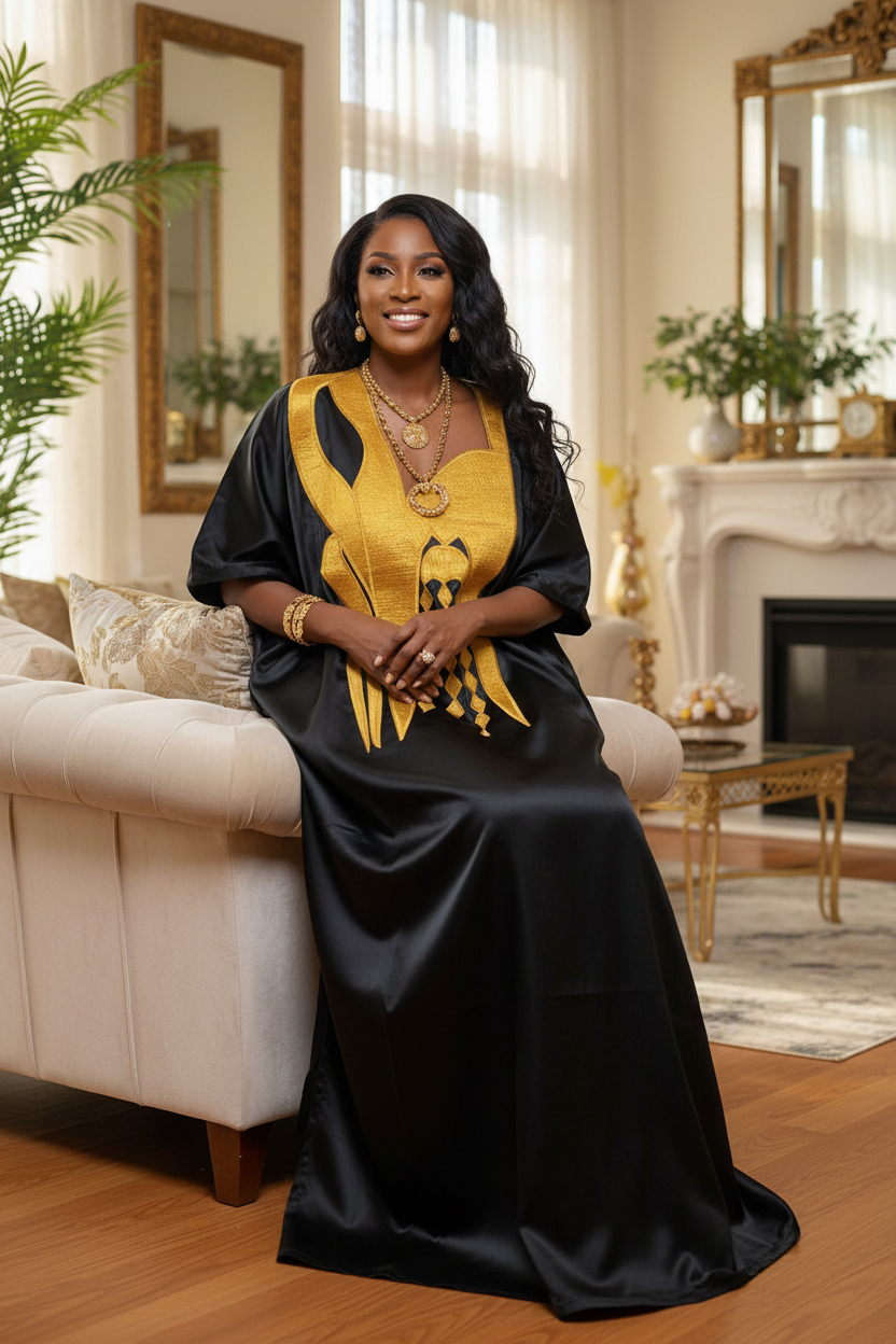 Luxury Black & Gold Mikado Bubu Dress – Elegant African Kaftan with Structured Gold Panel Detail