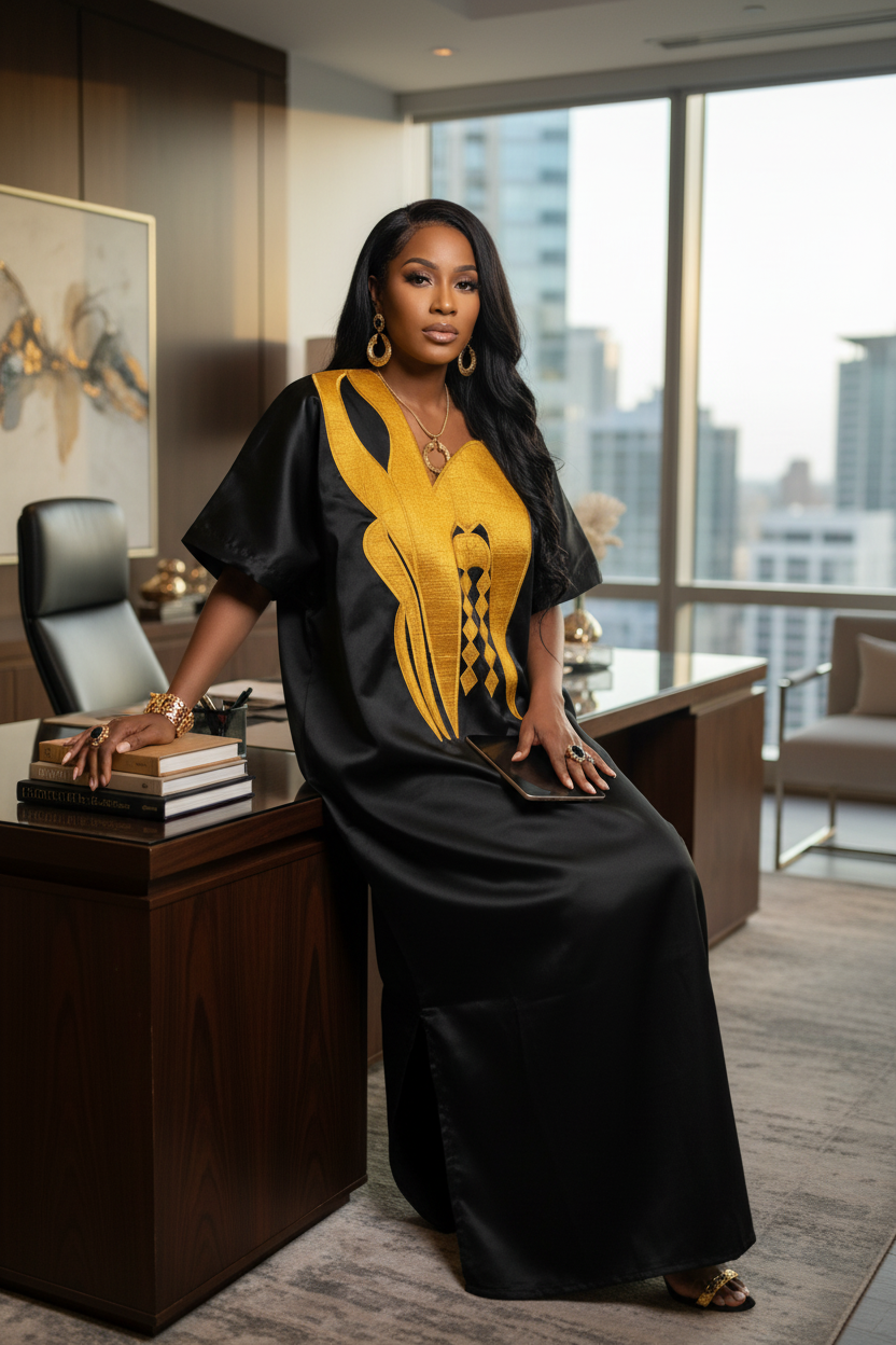 Luxury Black & Gold Mikado Bubu Dress – Elegant African Kaftan with Structured Gold Panel Detail