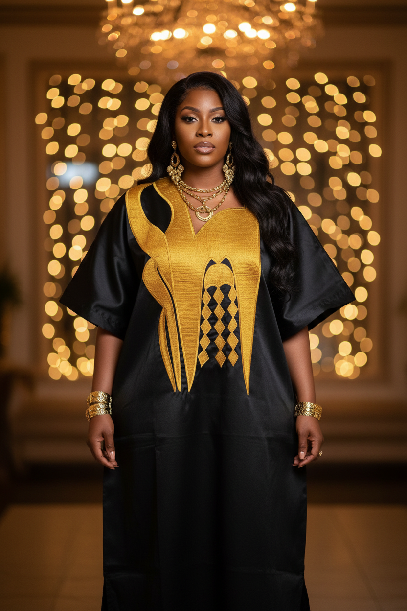 Luxury Black & Gold Mikado Bubu Dress – Elegant African Kaftan with Structured Gold Panel Detail