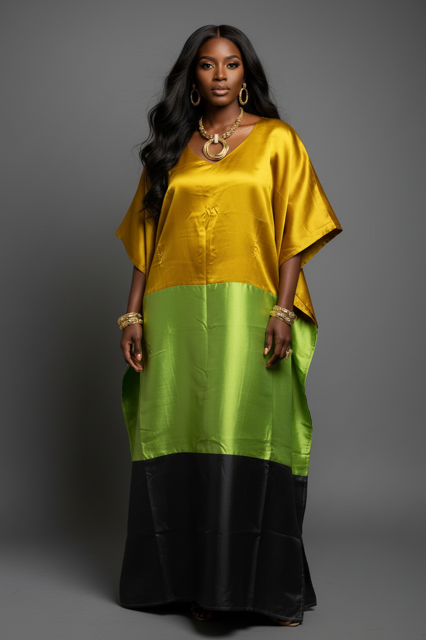 Asa Colorblock Mikado Bubu Dress – Gold, Lime & Charcoal Maxi Bubu