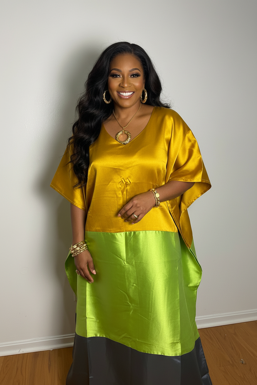 Asa Colorblock Mikado Bubu Dress – Gold, Lime & Charcoal Maxi Bubu