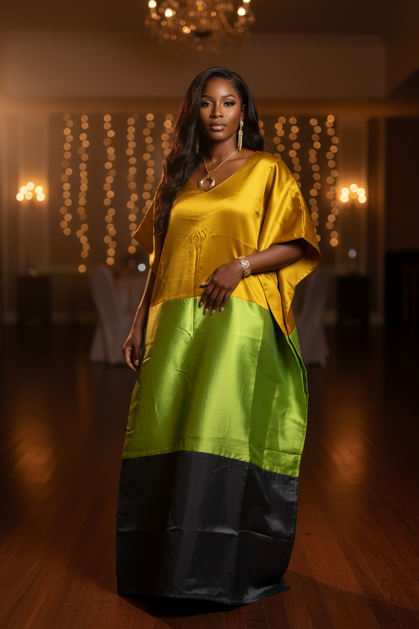 Asa Colorblock Mikado Bubu Dress – Gold, Lime & Charcoal Maxi Bubu