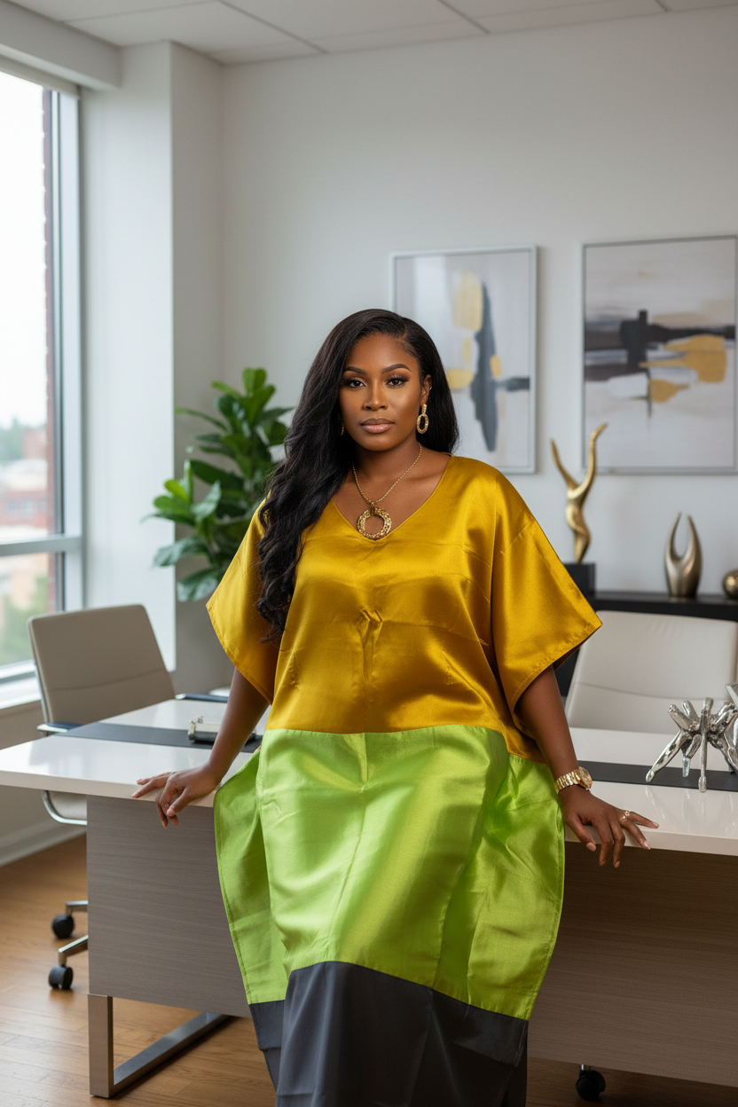 Asa Colorblock Mikado Bubu Dress – Gold, Lime & Charcoal Maxi Bubu