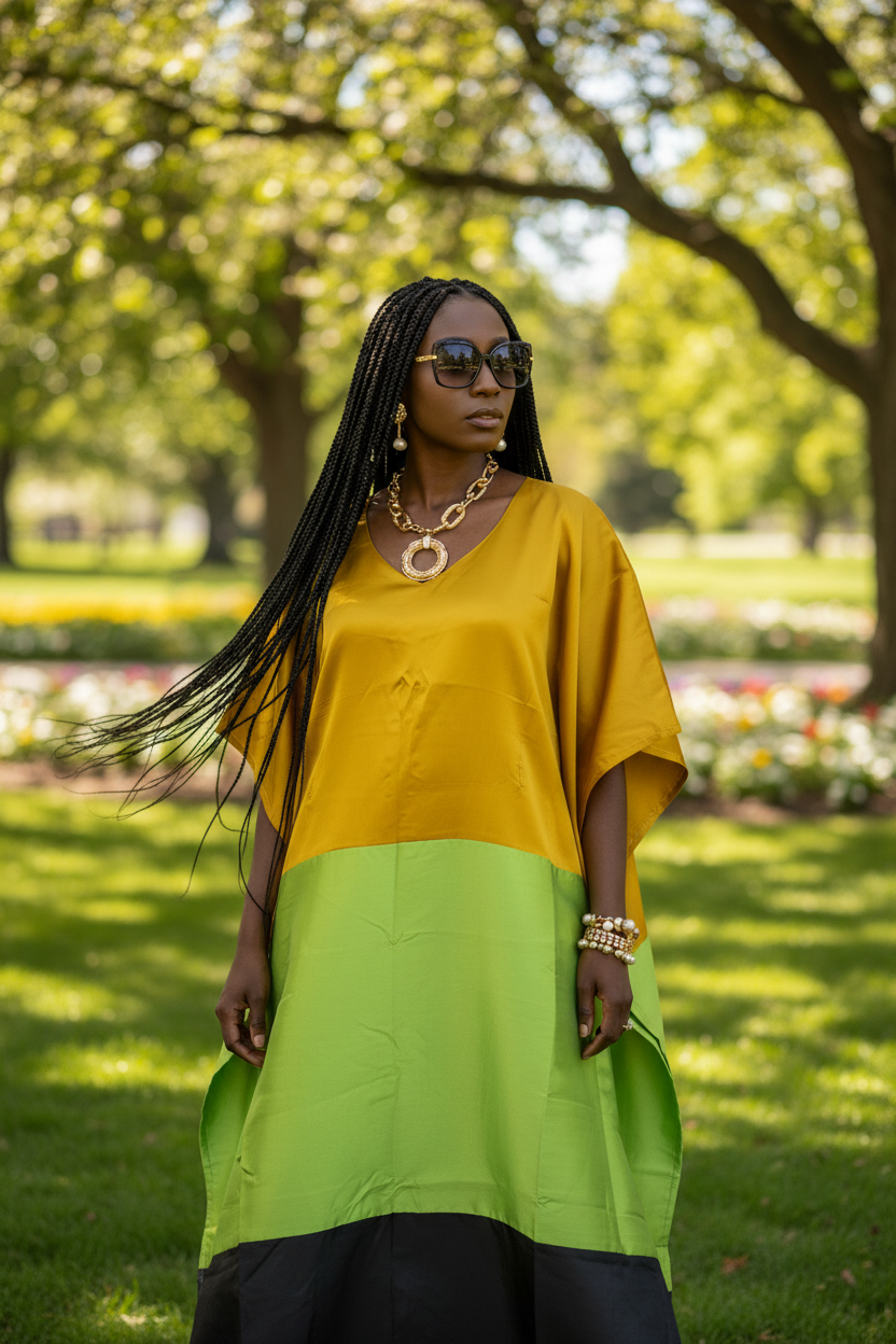 Asa Colorblock Mikado Bubu Dress – Gold, Lime & Charcoal Maxi Bubu