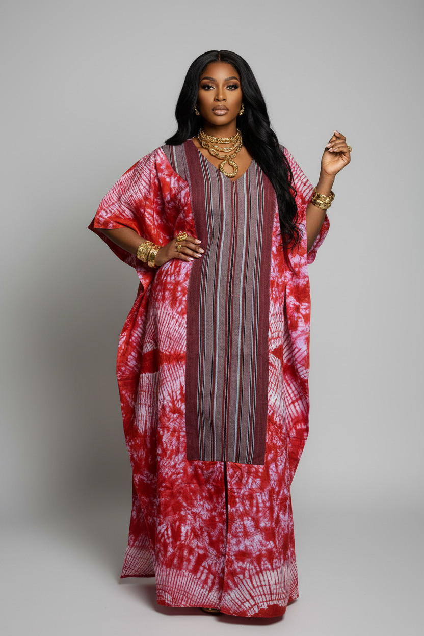 Red Ankara Bubu Dress with Aso Oke Panel – Luxury African Maxi Kaftan