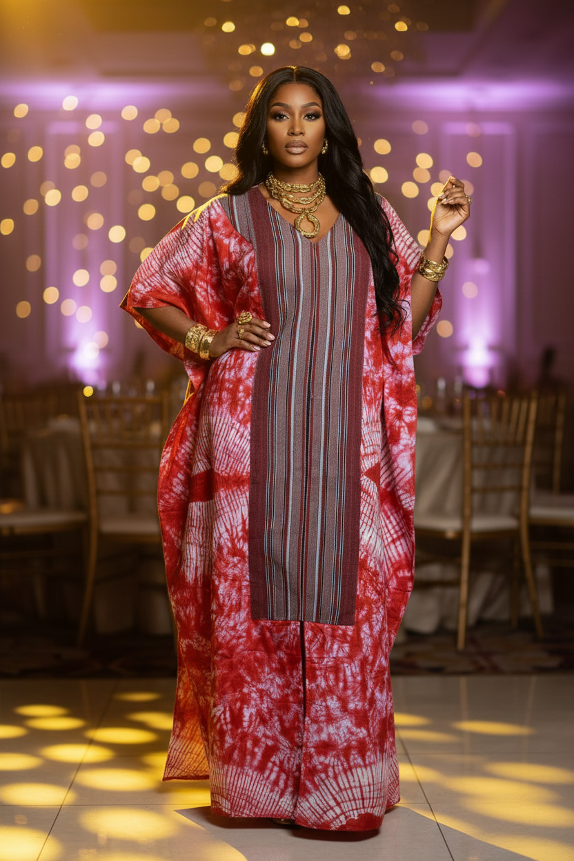 Red Ankara Bubu Dress with Aso Oke Panel – Luxury African Maxi Kaftan
