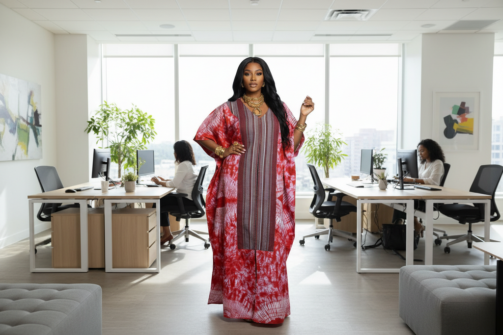 Red Ankara Bubu Dress with Aso Oke Panel – Luxury African Maxi Kaftan