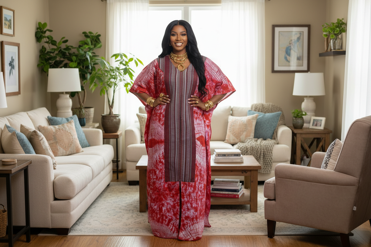 Red Ankara Bubu Dress with Aso Oke Panel – Luxury African Maxi Kaftan