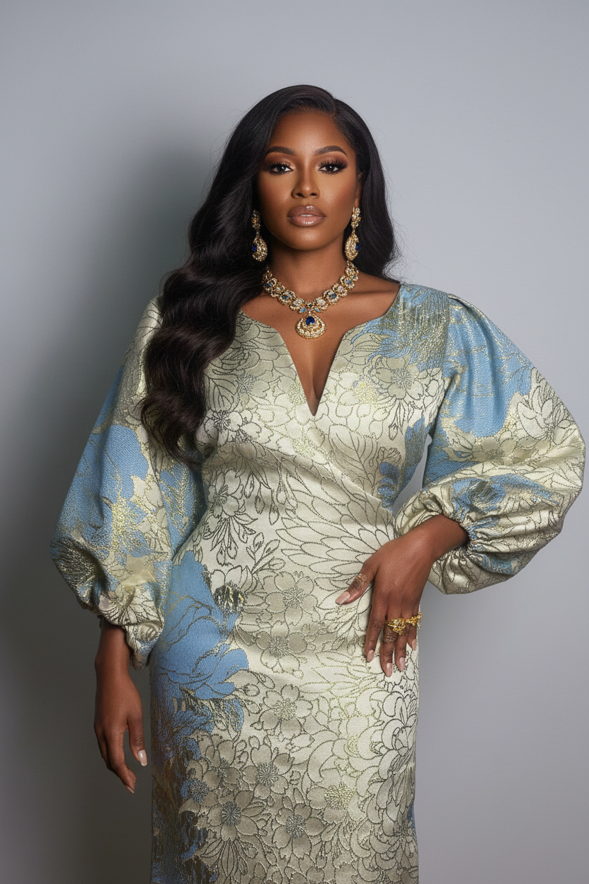 Golden Sky Blue Brocade Bubu Dress