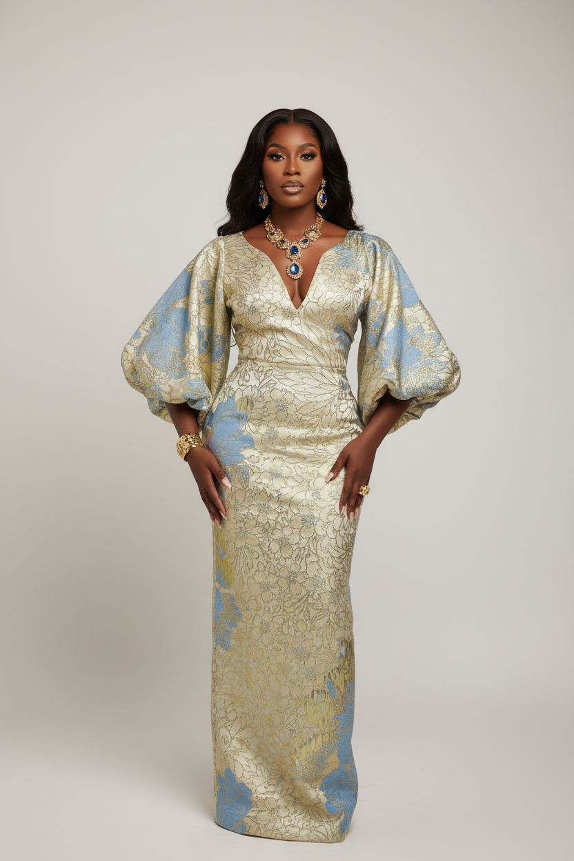 Golden Sky Blue Brocade Bubu Dress