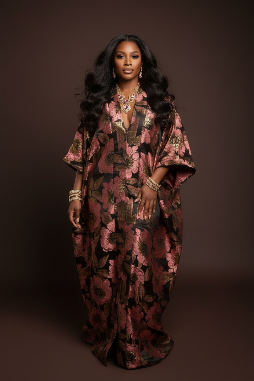 Rose Gold Floral Brocade Bubu Dress – Luxury Metallic Bubu in Chocolate Brown