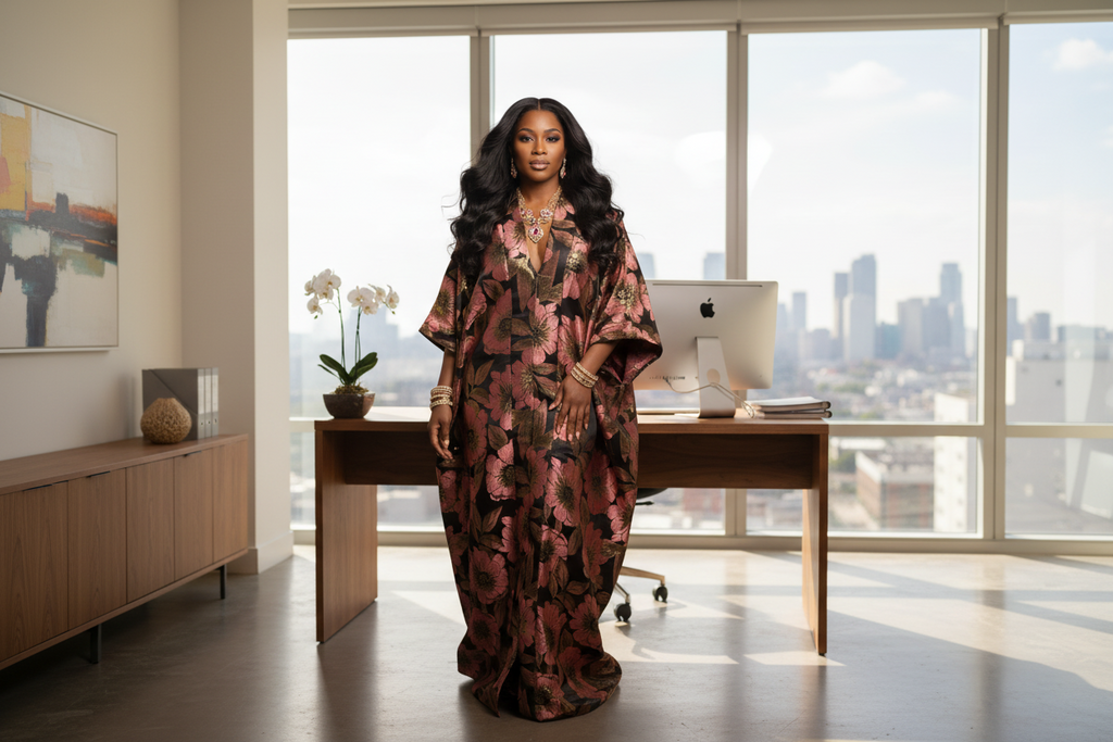 Rose Gold Floral Brocade Bubu Dress – Luxury Metallic Bubu in Chocolate Brown