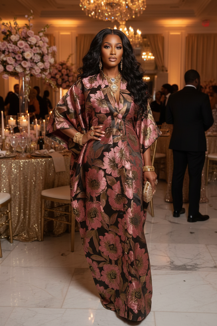 Rose Gold Floral Brocade Bubu Dress – Luxury Metallic Bubu in Chocolate Brown