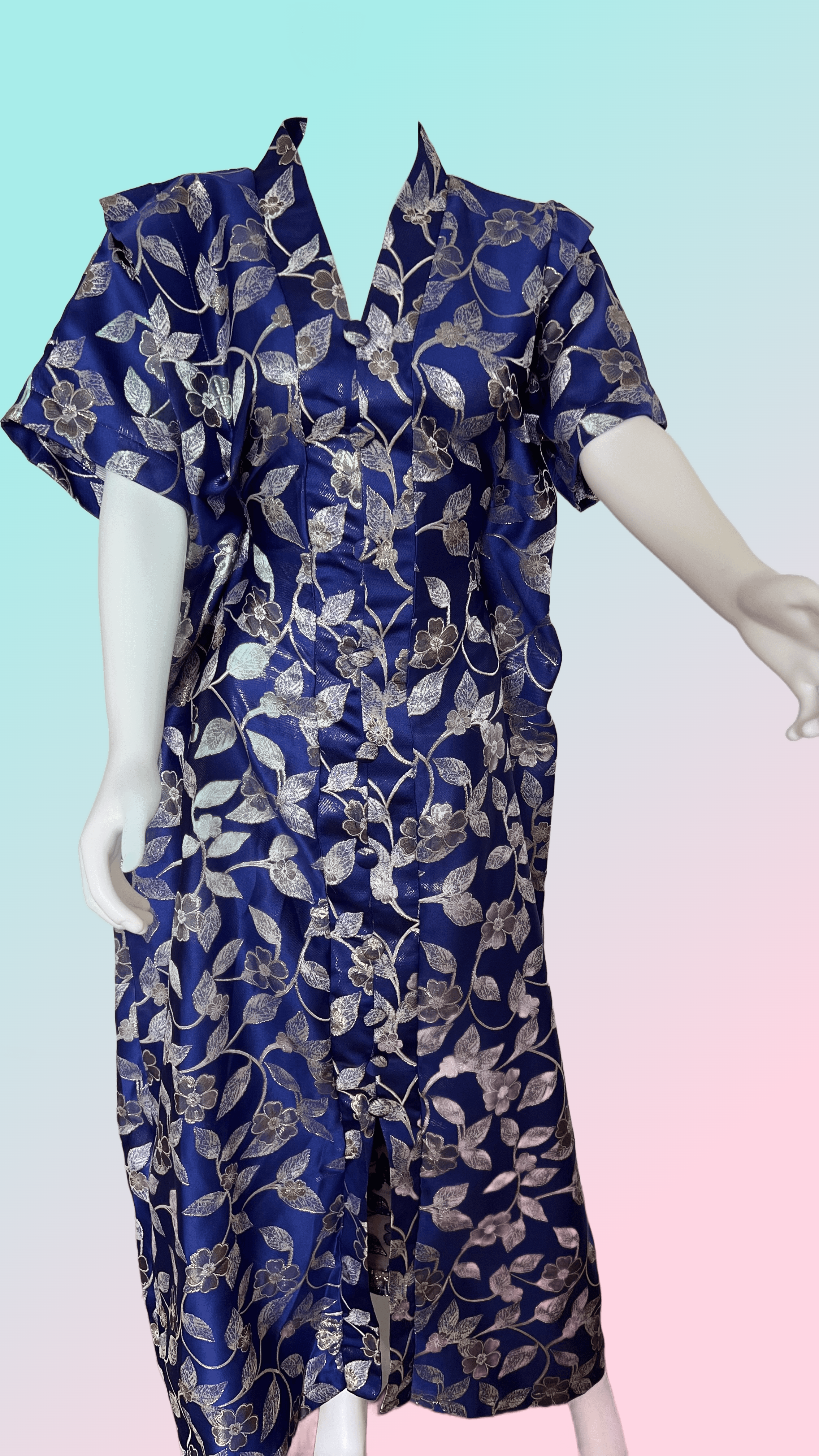 Royal Blue Silver Floral Brocade Bubu Dress with in Built Belt– African-Inspired Elegant Wear