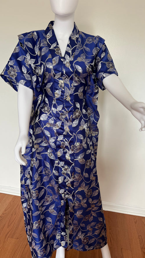 Royal Blue Silver Floral Brocade Bubu Dress with in Built Belt– African-Inspired Elegant Wear
