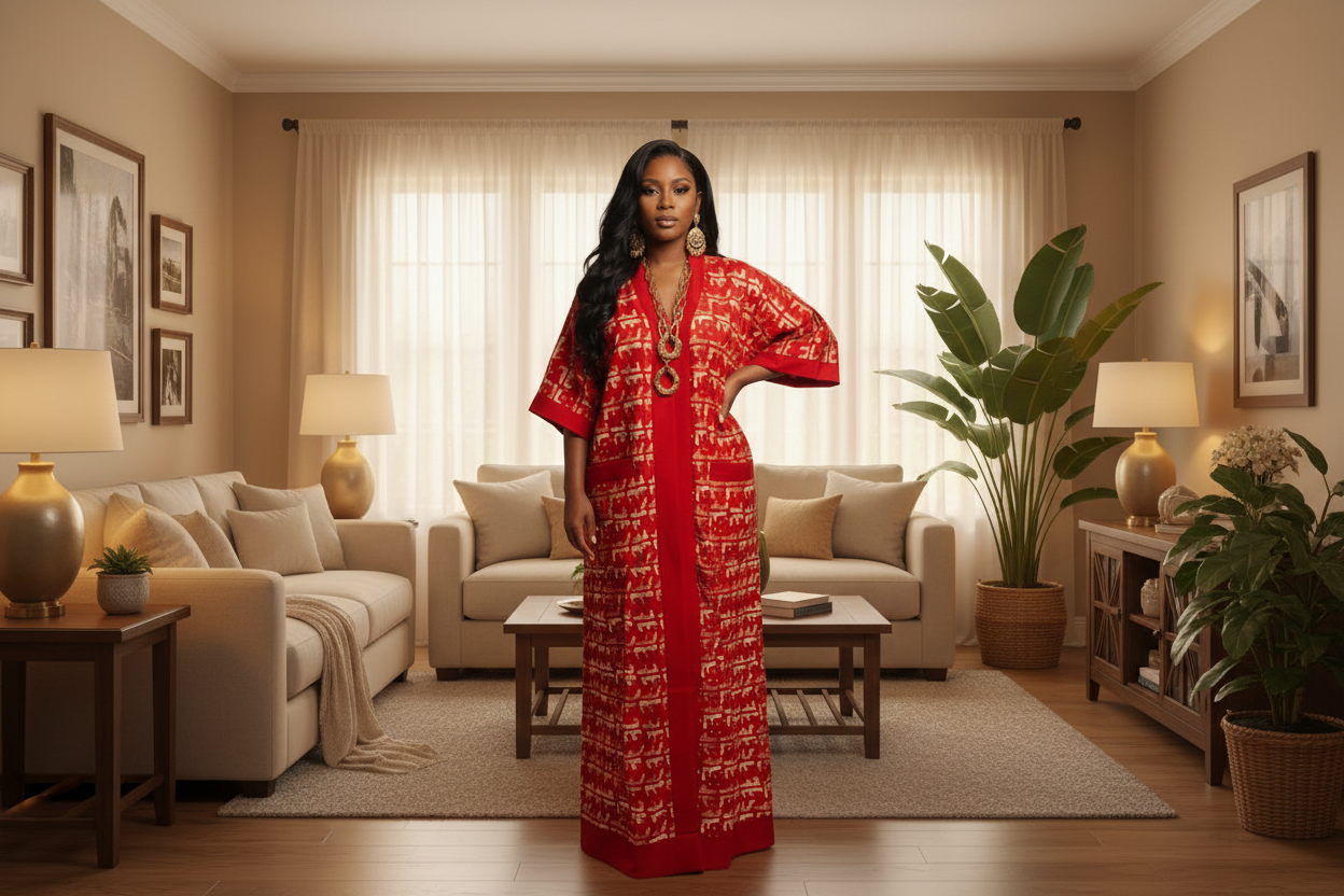 Red Ankara Bubu Dress with Contrast Trim