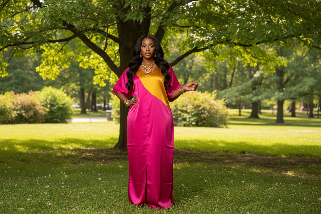 Desire Mikado Bubu Dress – Fuchsia & Gold