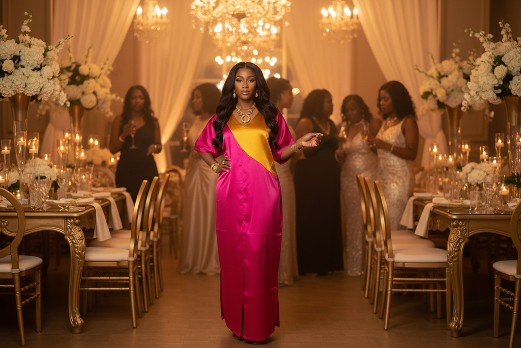 Desire Mikado Bubu Dress – Fuchsia & Gold