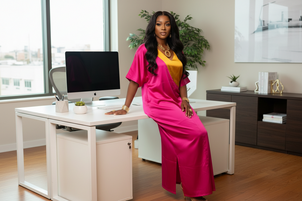 Desire Mikado Bubu Dress – Fuchsia & Gold