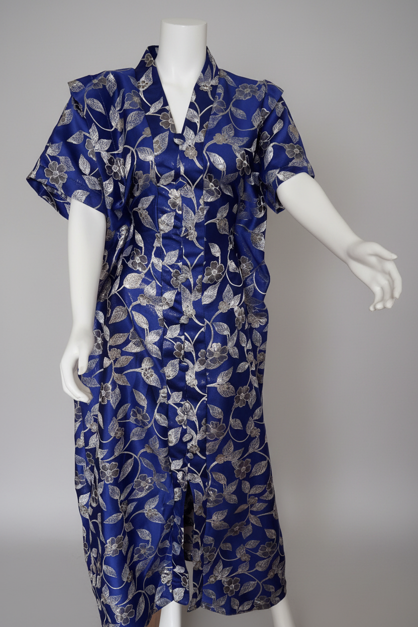 Royal Blue Silver Floral Brocade Bubu Dress with in Built Belt– African-Inspired Elegant Wear